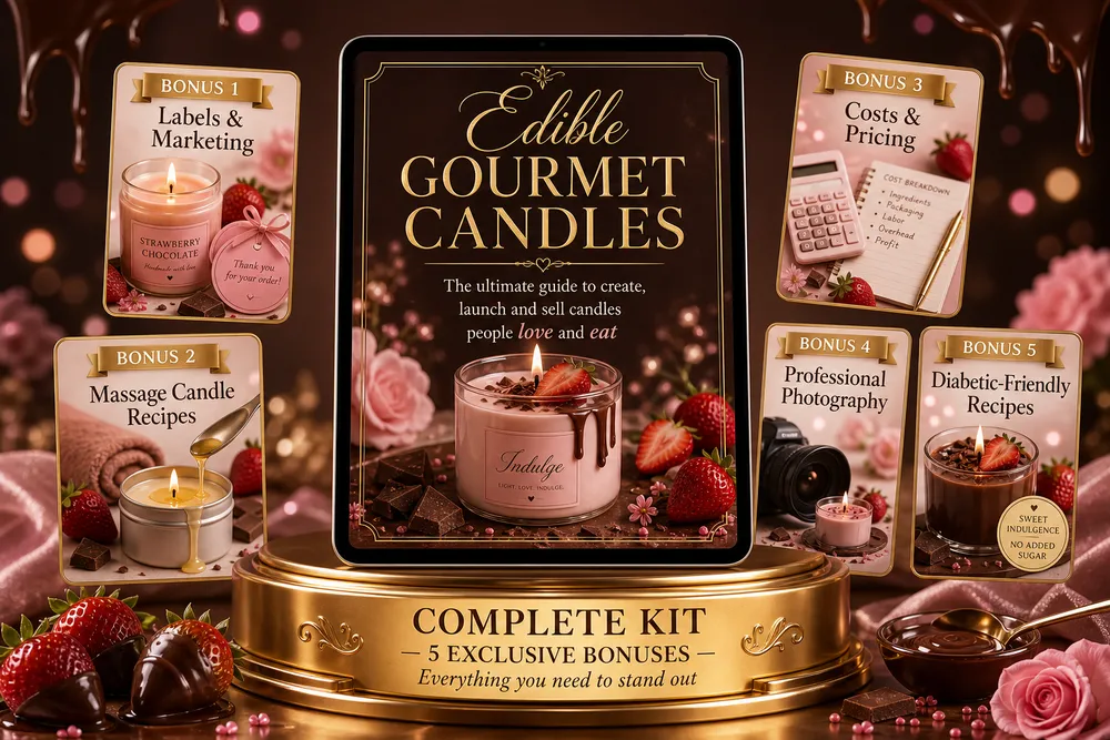 Full mockup of the Gourmet Edible Candles eBook with its 5 exclusive bonuses
