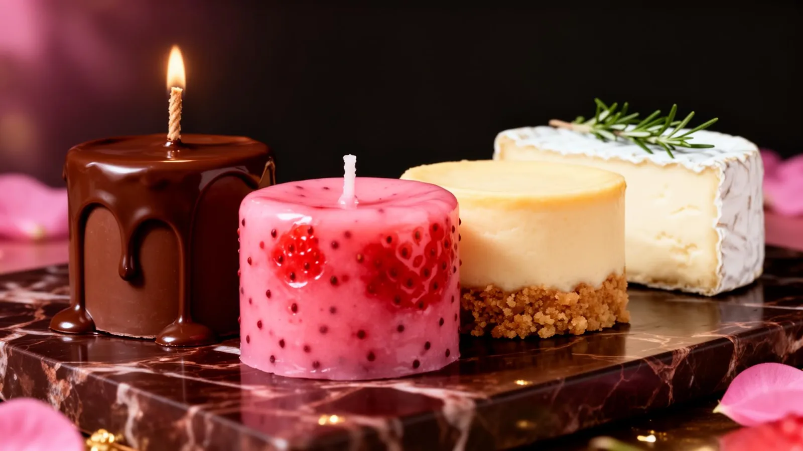 Gourmet edible candles made with chocolate, strawberry, cheesecake and brie cheese